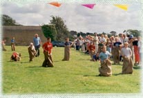 At Poughill, traditional races still abound, such as the sack race here and the egg and spoon race 